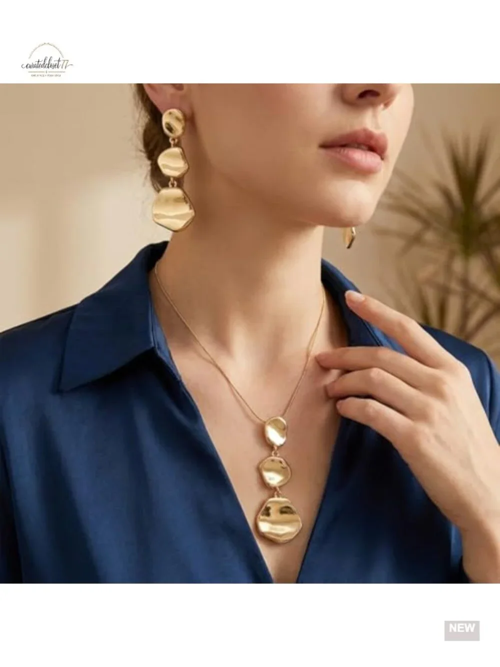 Gold Chunky Geometric Pendant Necklace and Earrings Set, Snake Chain,